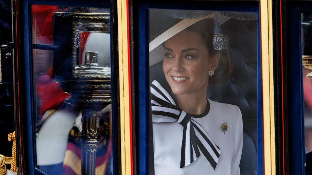 PHOTO: Britain's Catherine Princess of Wales travels from Buckingham Palace to Horse Guards Parade inside a carriage during the Trooping the Colour parade in London, June 15, 2024.