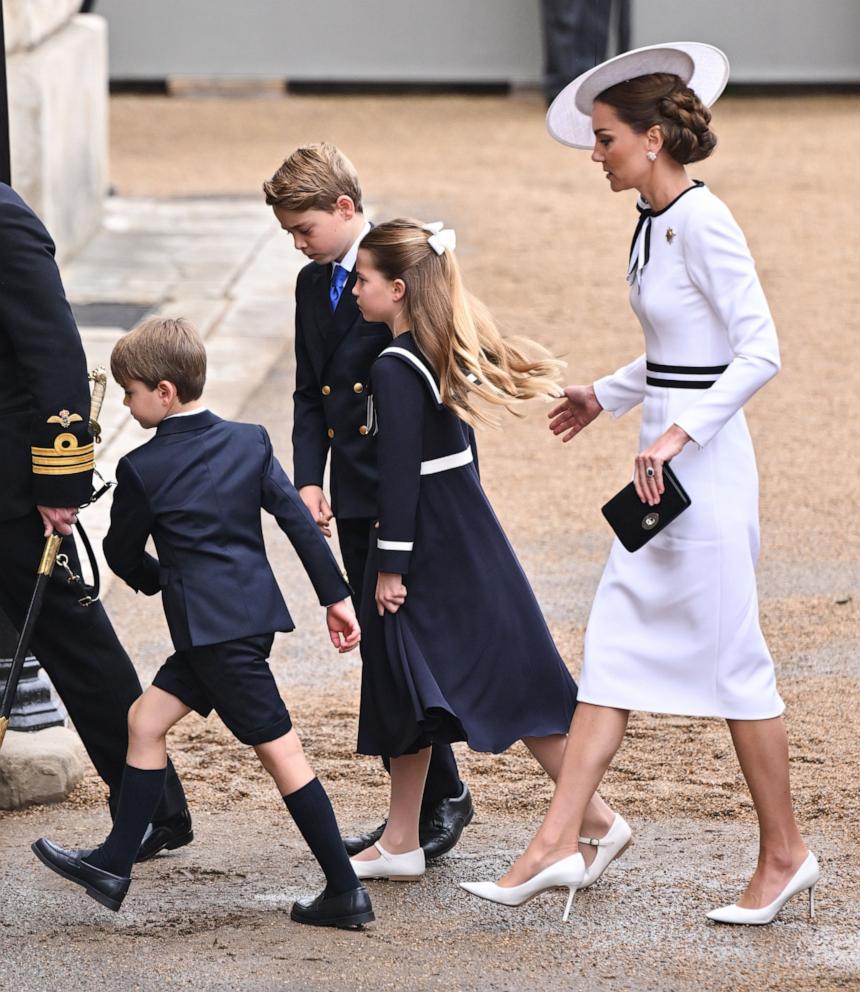 PHOTO: Britain's Catherine, Princess of Wales, arrives with Princess Charlotte of Wales and Prince George of Wales and Prince Louie of Wales to Horse Guards Parade for the King's Birthday Parade 'Trooping the Colour' in London, June 15, 2024.