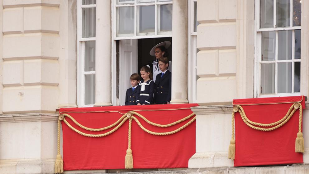 PHOTO: Catherine, Princess of Wales with her children, Princess Charlotte, Prince George and Prince Louis at House Guards Parade for the King's Birthday Parade in London, June 15, 2024.