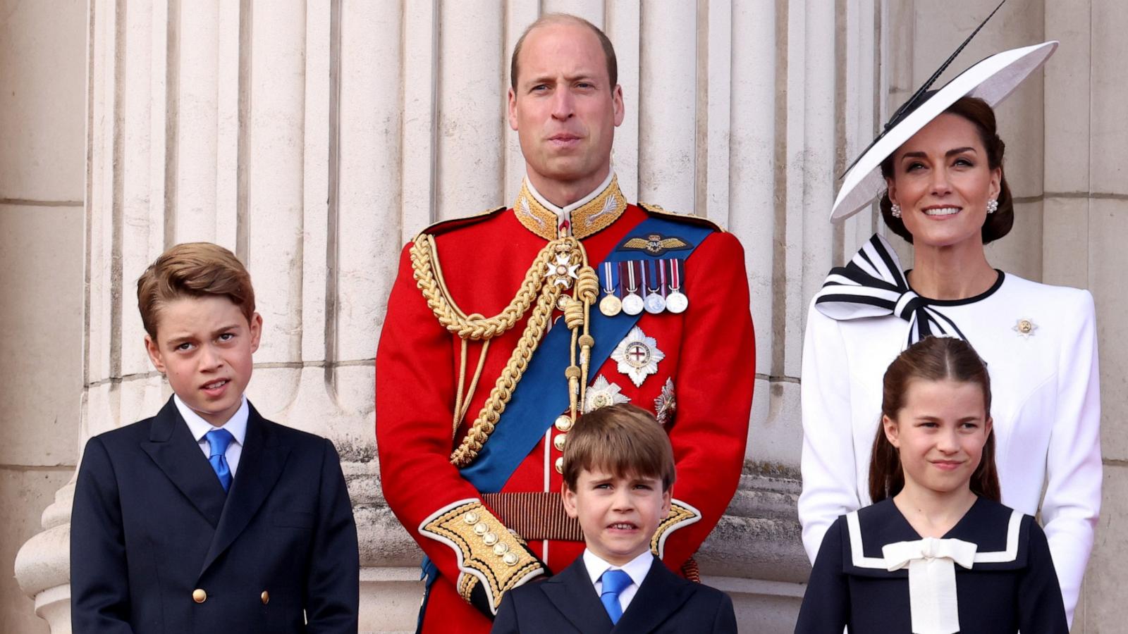 PHOTO: Britain's William, Prince of Wales, Catherine, Princess of Wales, Prince George, Princess Charlotte, Prince Louis appear on the balcony of Buckingham Palace after the Trooping the Colour parade in London, Britain, June 15, 2024.