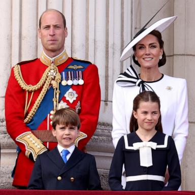 PHOTO: Britain's William, Prince of Wales, Catherine, Princess of Wales, Prince George, Princess Charlotte, Prince Louis appear on the balcony of Buckingham Palace after the Trooping the Colour parade in London, Britain, June 15, 2024.