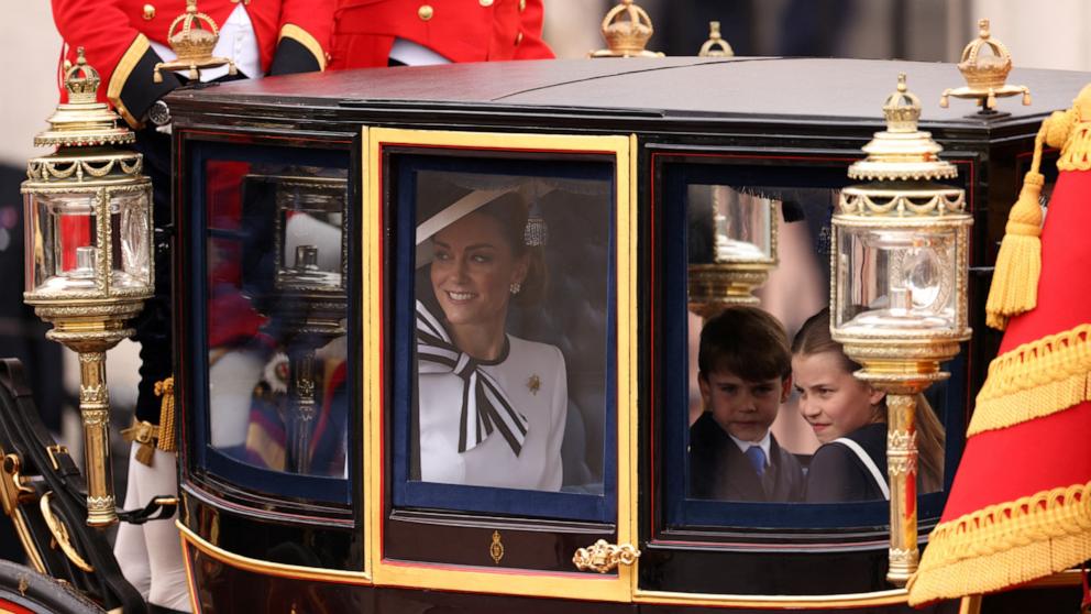 PHOTO: Britain's Catherine, Princess of Wales, Prince George, Princess Charlotte and Prince Louis attend the Trooping the Colour parade to honour Britain's King Charles on his official birthday in London, June 15, 2024. 