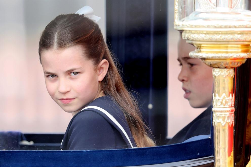 PHOTO: Princess Charlotte of Wales and Prince George of Wales during Trooping the Colour at Buckingham Palace, June 15, 2024, in London.