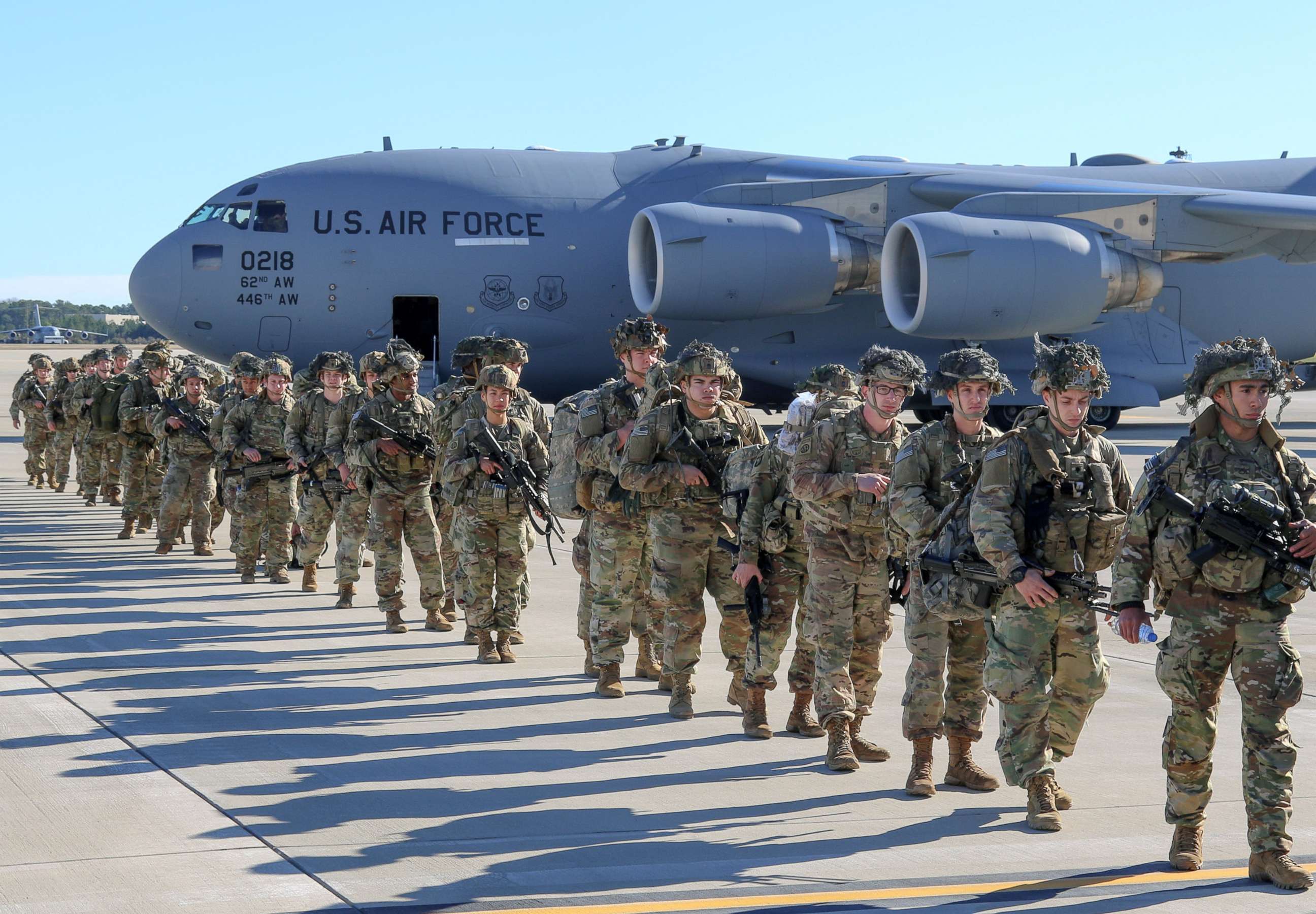 PHOTO: U.S. Army Paratroopers with the 82nd Airborne Division, deploy from Pope Army Airfield, N.C., Jan. 1, 2020. The Immediate Response Force is being deployment to Baghdad following violent protesters that attacked the U.S. Embassy compound.