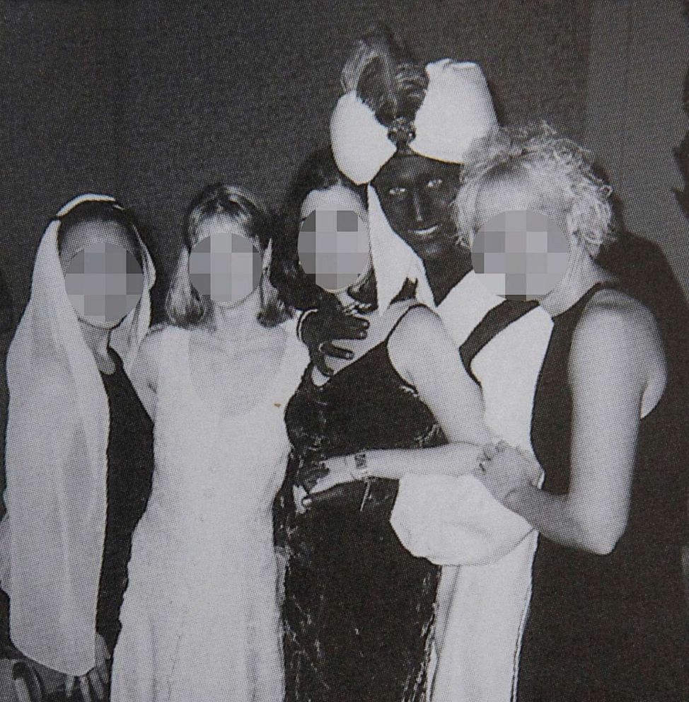 PHOTO: Canadian Prime Minister Justin Trudeau poses with others during an "Arabian Nights" party when he was a 29-year-old teacher at the West Point Grey Academy in Vancouver, Canada, in this photo published in the academy 2000-2001 yearbook.