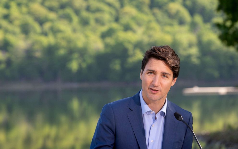 PHOTO: Canadian Prime Minister Justin Trudeau announces his government's intention to ban single-use plastics as early as 2021 during a news conference in Mont-Saint-Hilaire, Quebec, June 10, 2019.