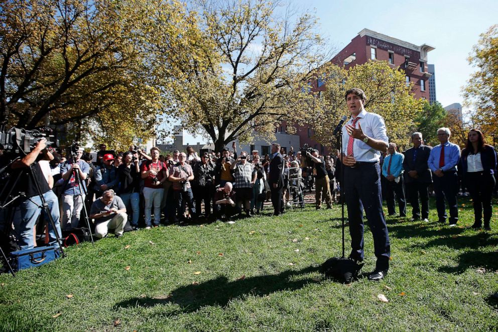 PHOTO: Canadian Prime Minister Justin Trudeau addresses the media regarding photos and video that have surfaced in which he is wearing dark makeup on September 19, 2019, in Winnipeg, Canada.