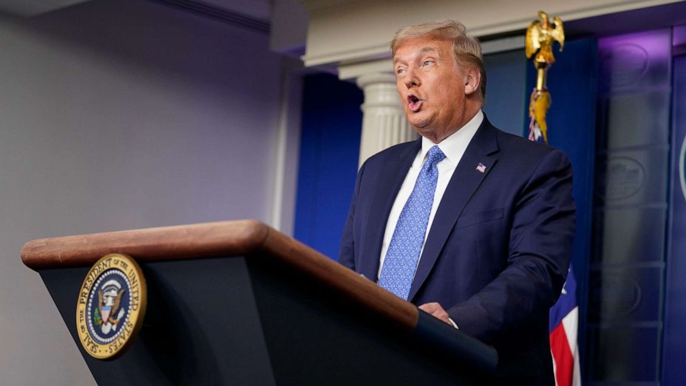 PHOTO: President Donald Trump speaks during a news conference at the White House, July 22, 2020, in Washington.