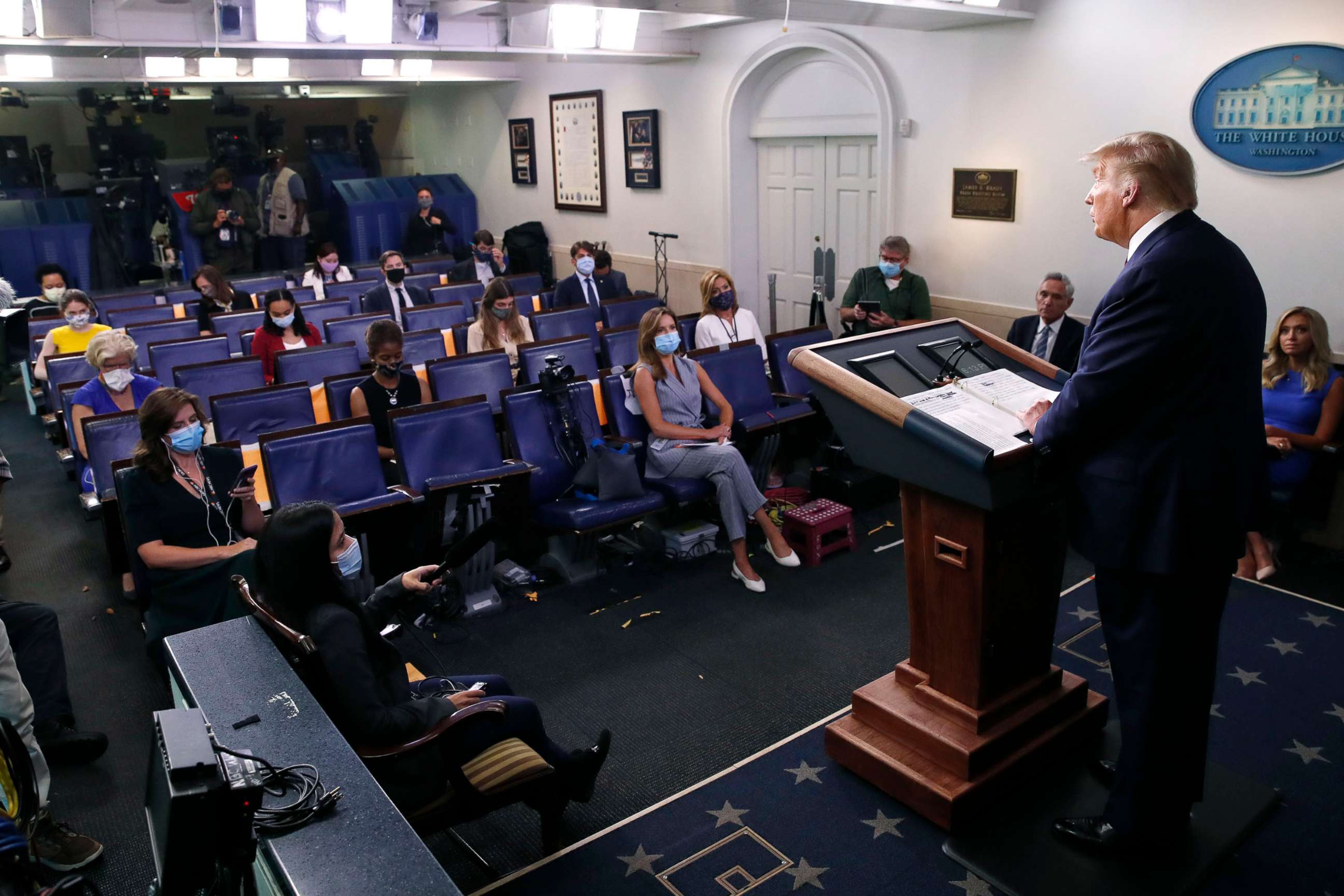 PHOTO: President Donald Trump speaks during a briefing with reporters in the James Brady Press Briefing Room of the White House, Aug. 4, 2020, in Washington.