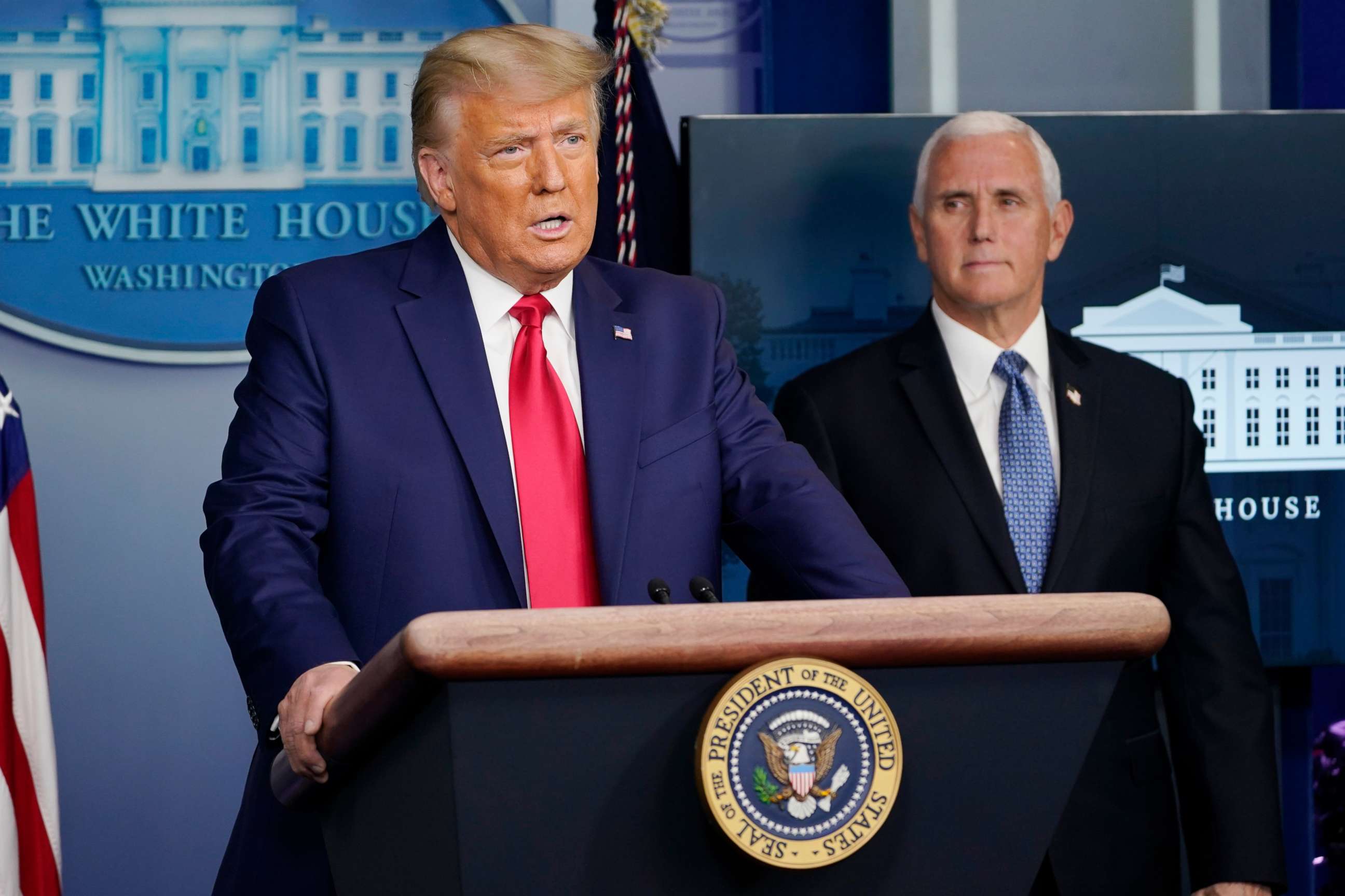 PHOTO: President Donald Trump speaks in the Brady Briefing Room in the White House, Nov. 24, 2020, in Washington as Vice President Mike Pence looks on.