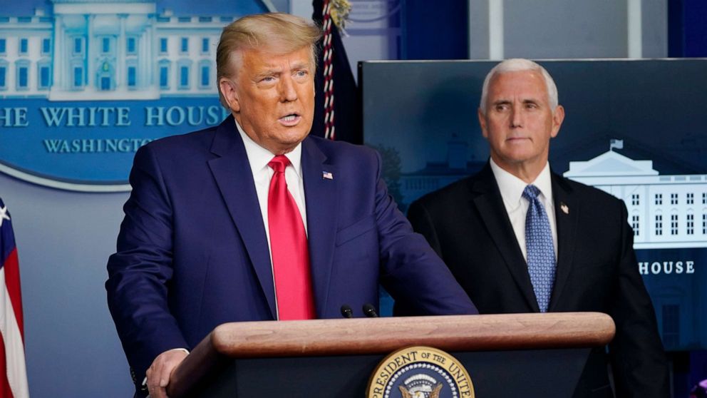 PHOTO: President Donald Trump speaks in the Brady Briefing Room in the White House, Nov. 24, 2020, in Washington as Vice President Mike Pence looks on.