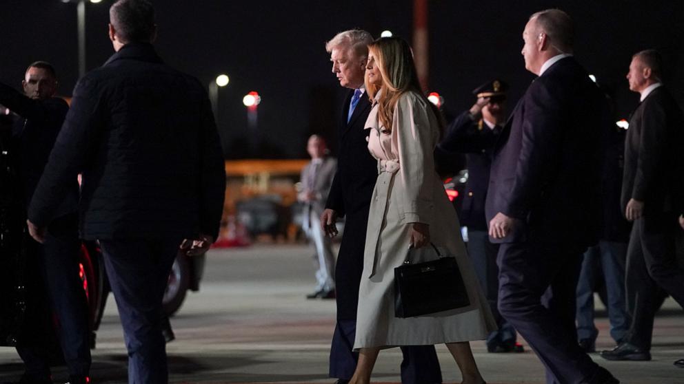 PHOTO: President Donald Trump and first lady Melania Trump arrive at Fiumicino Airport, to attend the funeral of Pope Francis, near Rome, April 25, 2025.