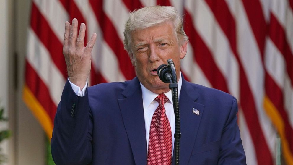 PHOTO: President Donald Trump speaks during a news conference in the Rose Garden of the White House in Washington, July 14, 2020.