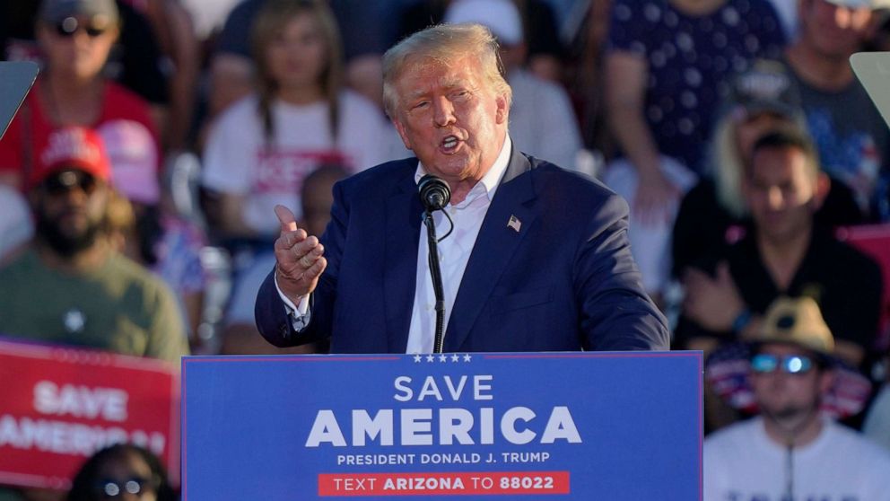 PHOTO: Former President Donald Trump speaks at a rally, on Oct. 9, 2022, in Mesa, Ariz.