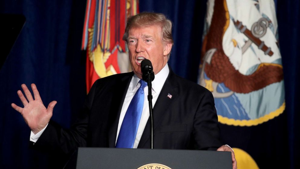 PHOTO: President Donald Trump delivers remarks on America's military involvement in Afghanistan at the Fort Myer military base, Aug. 21, 2017, in Arlington, Virginia.