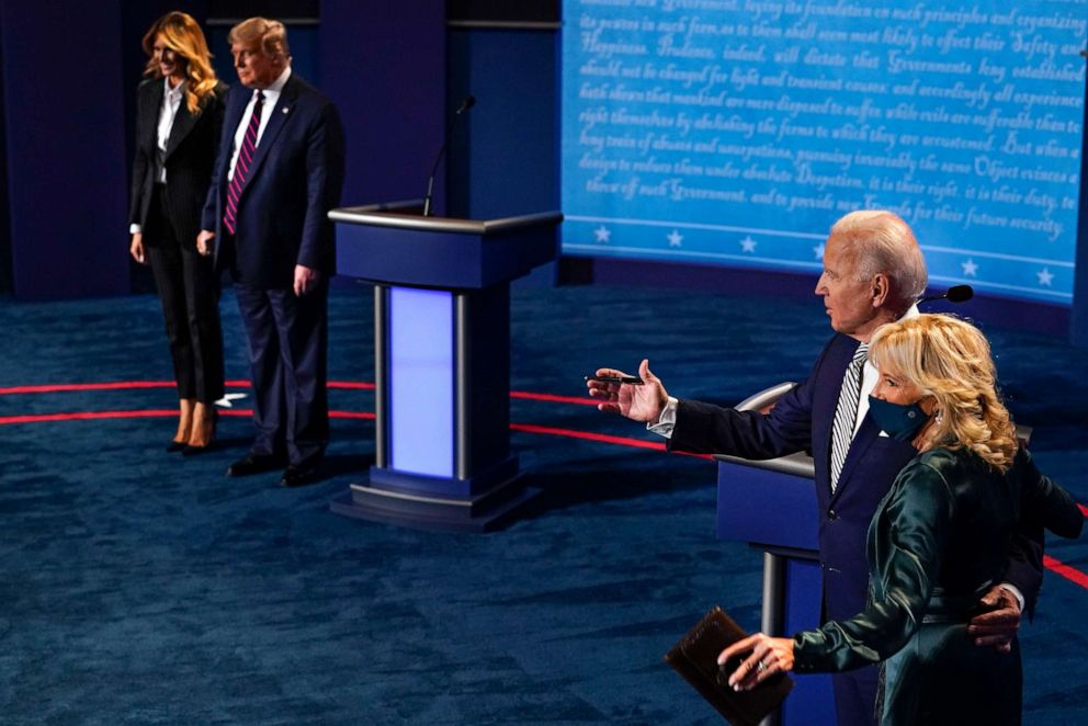PHOTO: Left to right, first lady Melania Trump, President Donald Trump, Democratic presidential candidate former Vice President Joe Biden and his wife Jill Biden at the conclusion of the first presidential debate, Sept. 29, 2020.