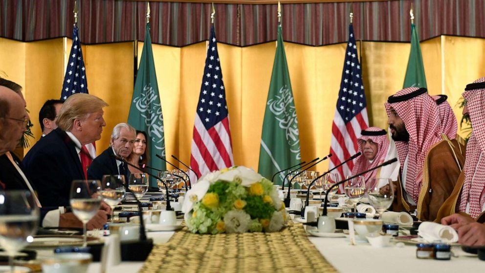 PHOTO: President Donald Trump meets with Saudi Arabia Crown Prince Mohammed bin Salman during a working breakfast on the sidelines of the G-20 summit in Osaka, Japan, June 29, 2019.