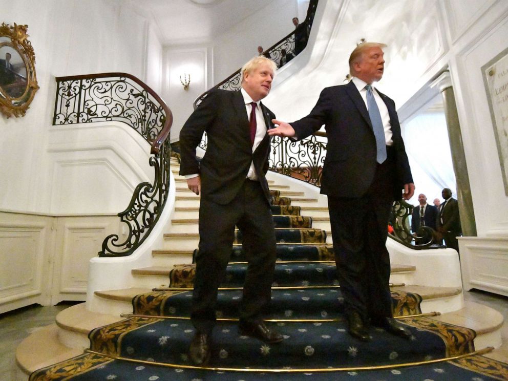 PHOTO: President Donald Trump and Britains Prime Minister Boris Johnson arrive for a bilateral meeting during the G-7 summit on Sunday, Aug. 25, 2019 in Biarritz, France.