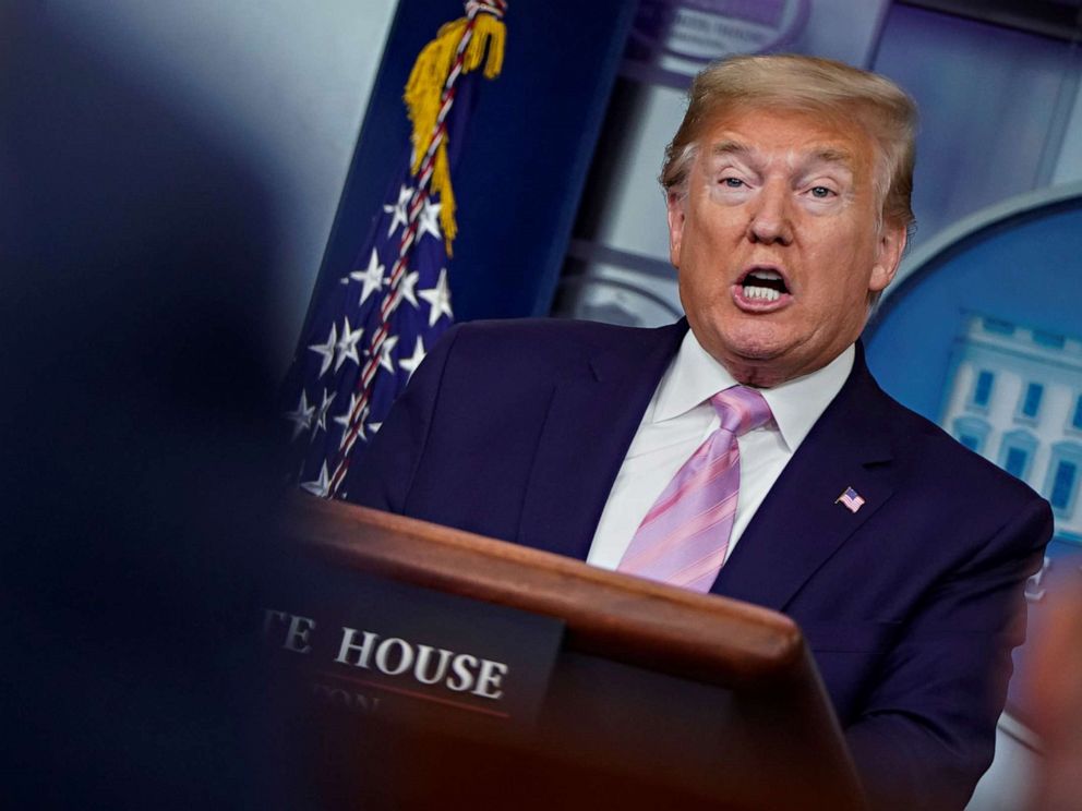 PHOTO: President Donald Trump addresses the daily coronavirus task force briefing in the press briefing room at the White House, in Washington, April 4, 2020.