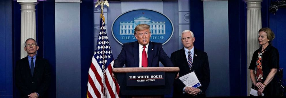 PHOTO: President Donald Trump speaks during a briefing on the coronavirus pandemic in the White House, on March 26, 2020.