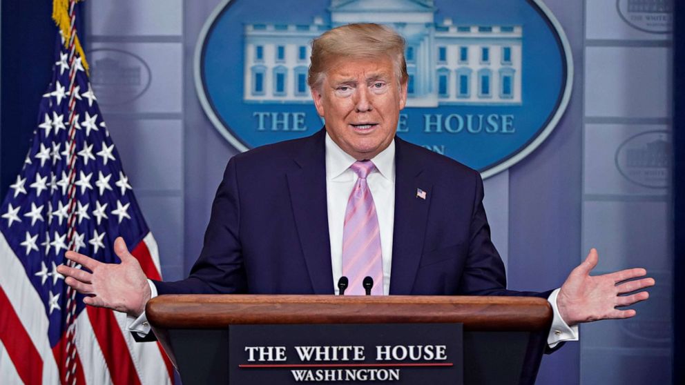 PHOTO:President Donald Trump speaks at the daily coronavirus task force briefing in the press briefing room at the White House, in Washington, April 4, 2020.