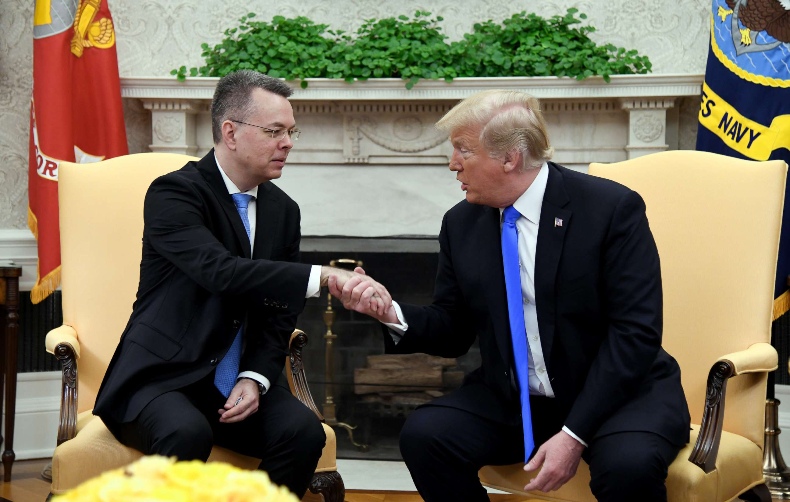 PHOTO: President Donald Trump meets with Pastor Andrew Brunson in the Oval Office of the White House on Oct. 13, 2018 in Washington.
