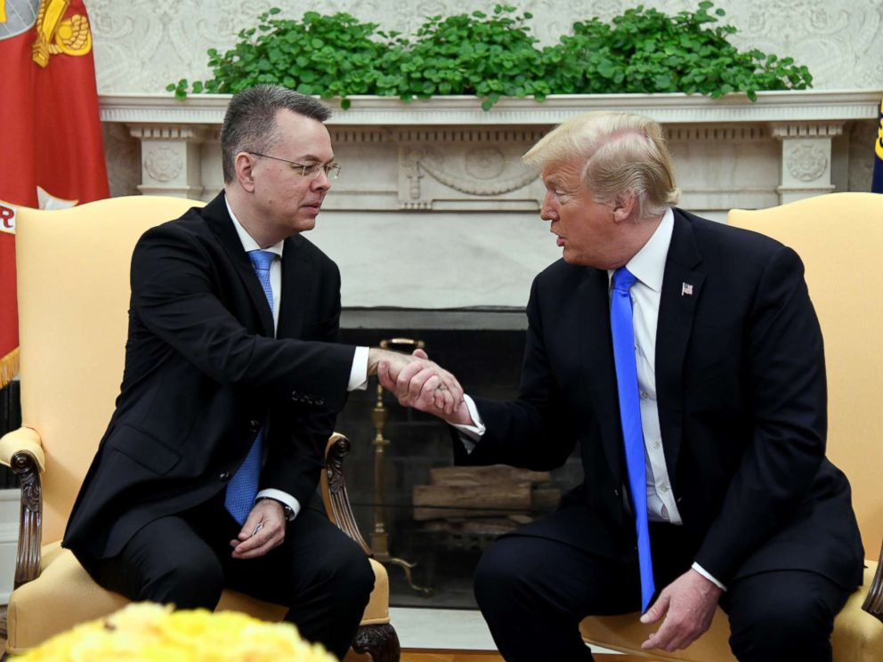 PHOTO: President Donald Trump meets with Pastor Andrew Brunson in the Oval Office of the White House on Oct. 13, 2018 in Washington.