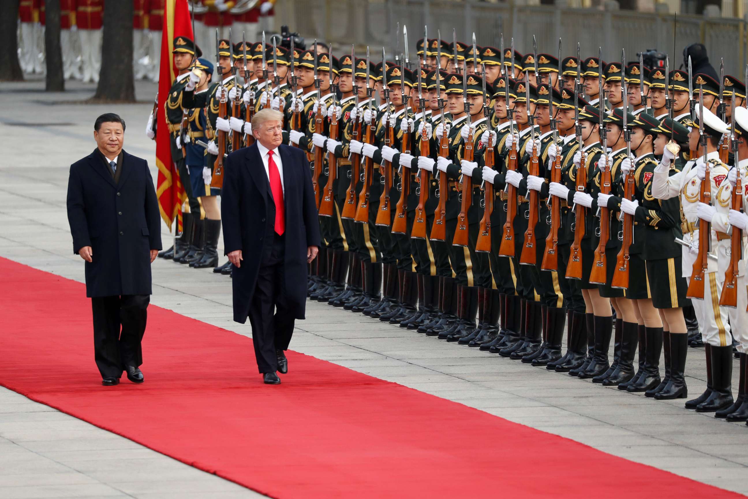 PHOTO: President Donald Trump arrives for a welcoming ceremony with China's President Xi Jinping in Beijing, Nov. 9, 2017.