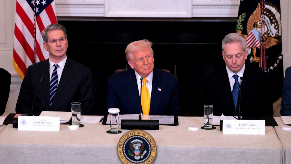 PHOTO: President Donald Trump speaks alongside Treasury Secretary Scott Bessent (L) and White House Crypto Czar David Sacks at the The White House Digital Assets Summit at the White House, on March 7, 2025, in Washington, D.C.