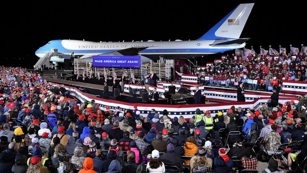 PHOTO: President Donald Trump speaks during a campaign rally at Duluth International Airport in Duluth, Minn., on Sept. 30, 2020.