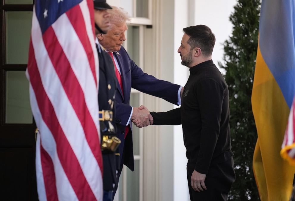 PHOTO: President Donald Trump greets Ukrainian president Volodymyr Zelensky as he arrives at the White House on Feb. 28, 2025 in Washington.