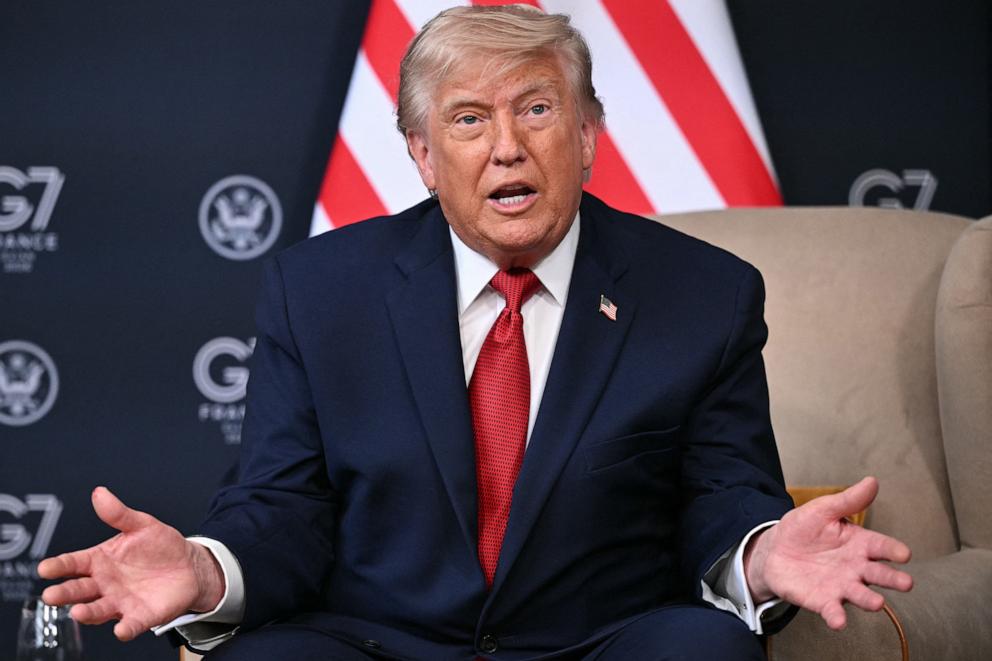 PHOTO: President Donald Trump speaks during a bilateral meeting with Egypt's President on the sidelines of the G7 summit, in Evian, eastern France, on June 17, 2026.