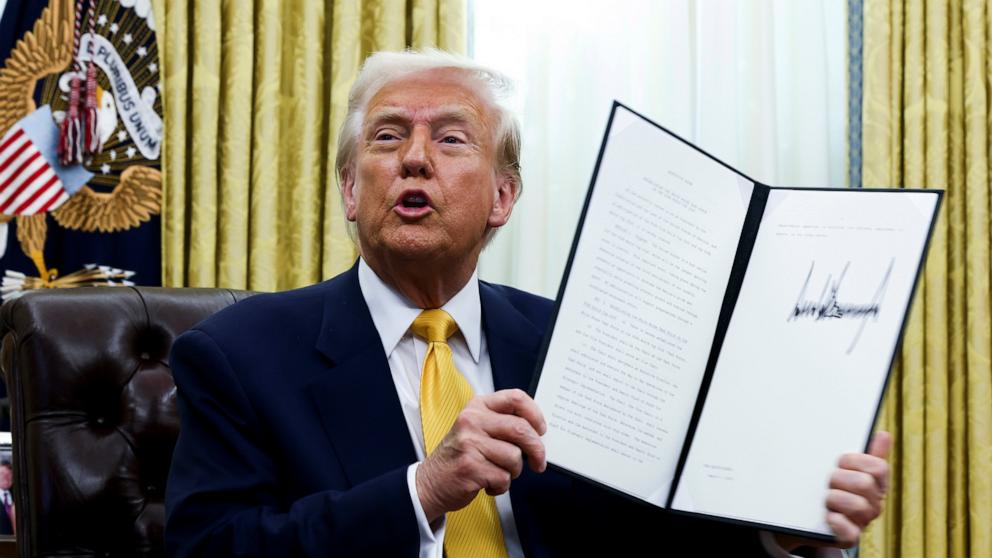 PHOTO: President Donald Trump holds a signed executive order as he speaks in the Oval Office of the White House in Washington, D.C., March 7, 2025.