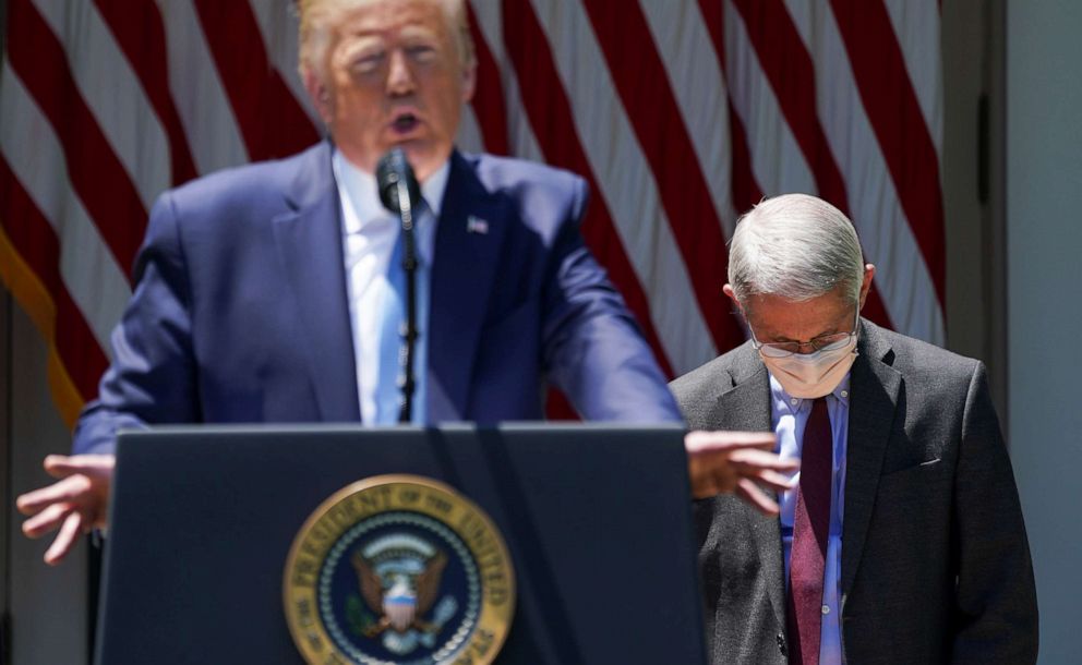 National Institute of Allergy and Infectious Diseases Director Dr. Anthony Fauci looks down as President Donald Trump speaks about administration efforts to develop a COVID-19 vaccine, in the Rose Garden of the White House, in Washington, May 15, 2020.