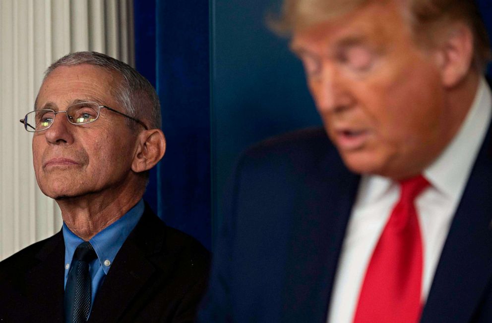 PHOTO: President Donald Trump, flanked by Director of the National Institute of Allergy and Infectious Diseases Anthony Fauci, speaks during the daily briefing on the novel coronavirus, at the White House, on March 26, 2020, in Washington.