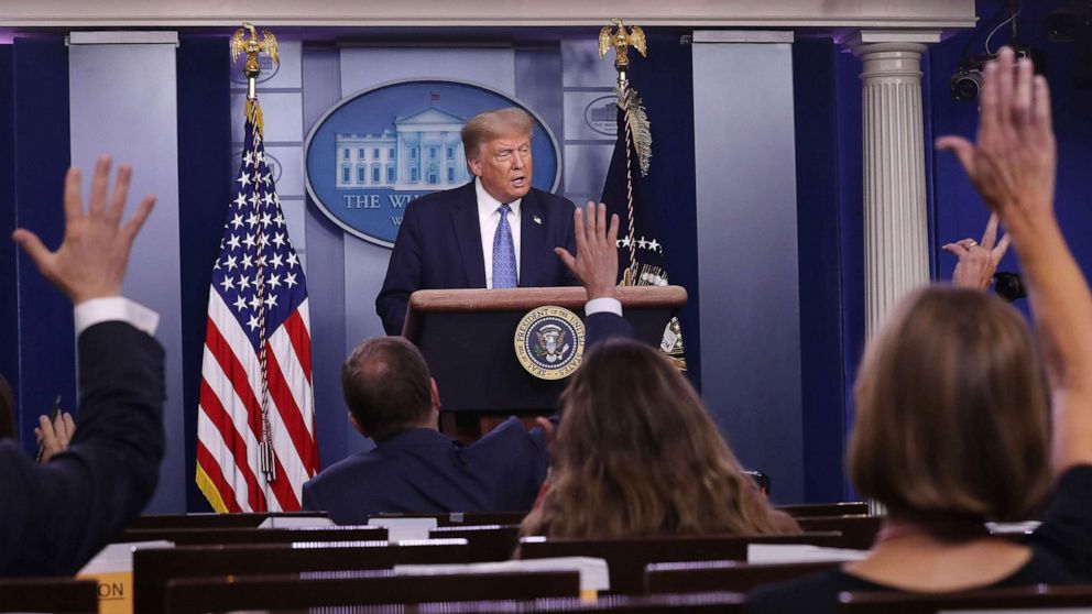 PHOTO: President Donald Trump takes questions from journalists during a news conference about his administration's response to the ongoing global coronavirus pandemic in the Brady Press Briefing Room at the White House, July 22, 2020, in Washington, DC.