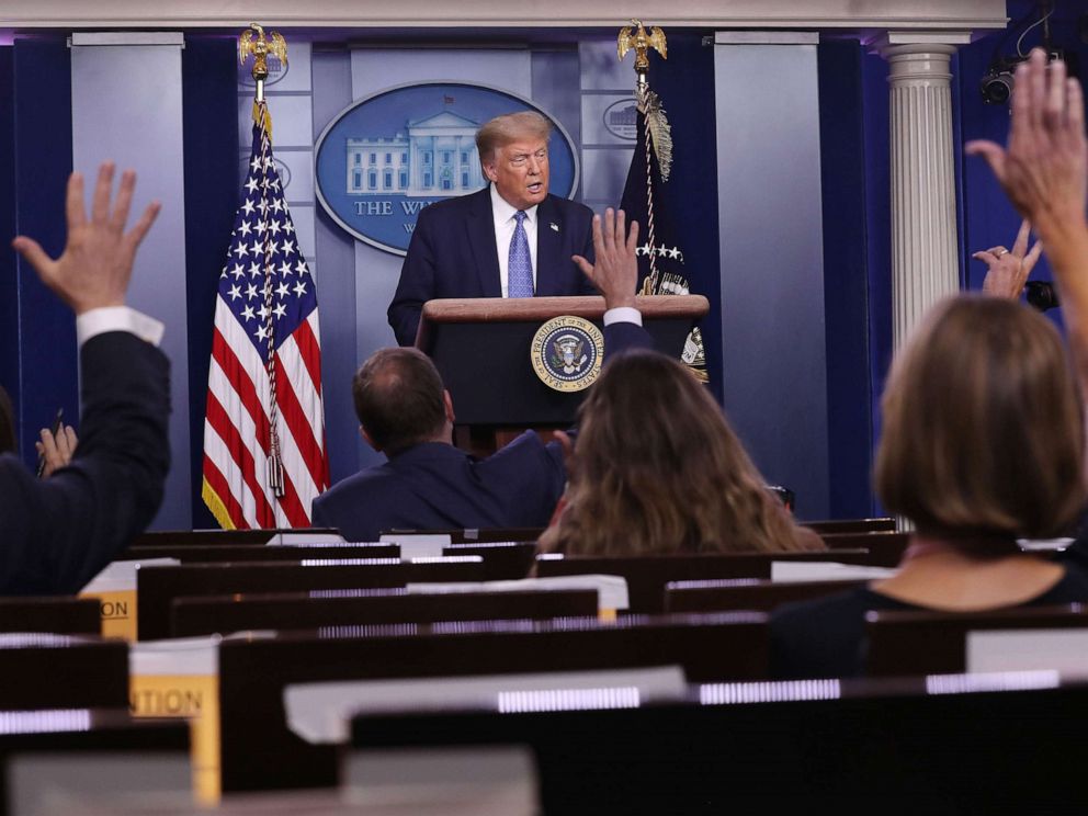 PHOTO: President Donald Trump takes questions from journalists during a news conference about his administration's response to the ongoing global coronavirus pandemic in the Brady Press Briefing Room at the White House, July 22, 2020, in Washington, DC.