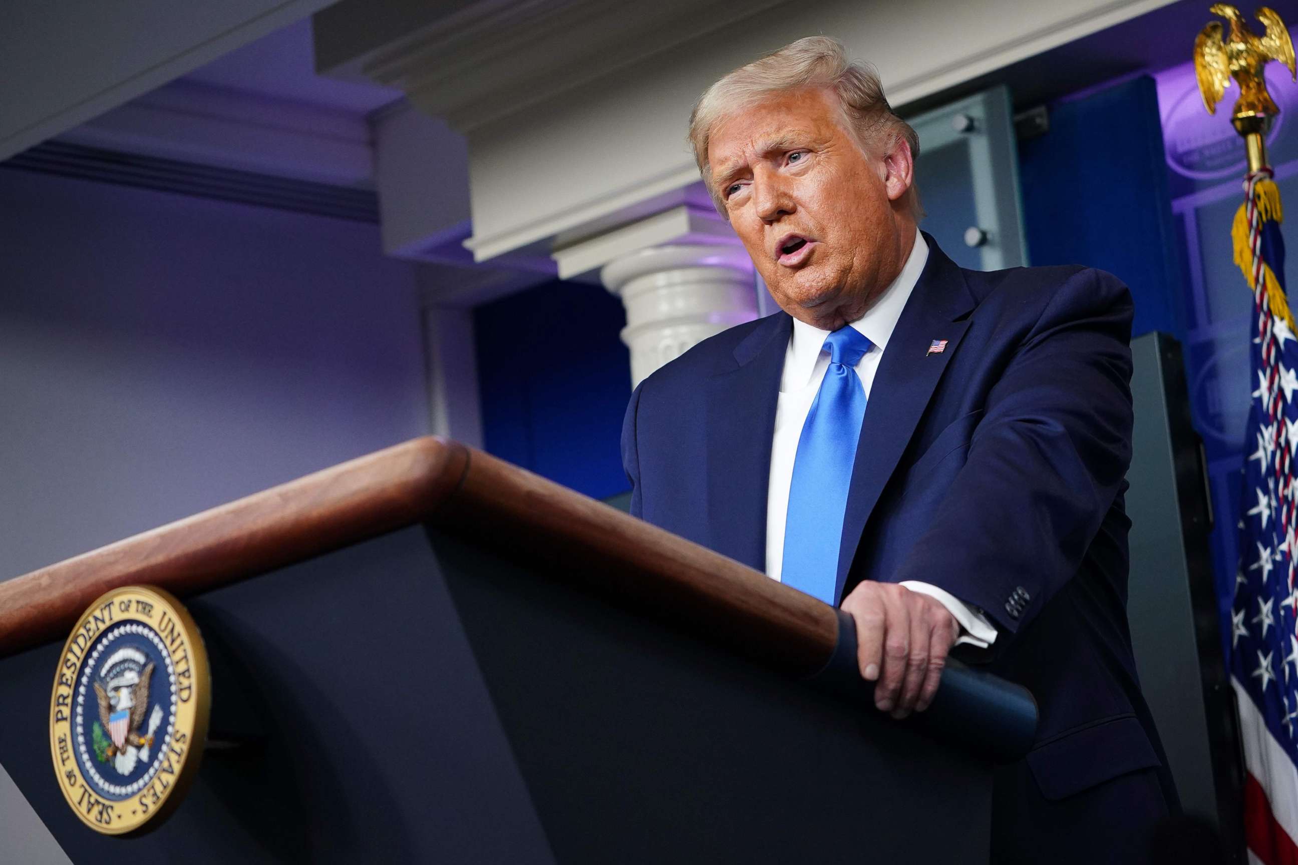 PHOTO: President Donald Trump speaks during a press conference in the Brady Briefing Room of the White House on Sept. 23, 2020, in Washington, DC.