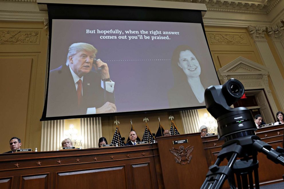 A transcript of a phone call between former President Donald Trump and Georgia Secretary of State chief investigator Frances Watson is seen during the fourth hearing of the January 6th investigation at the U.S. Capitol, June 21, 2022, in Washington.