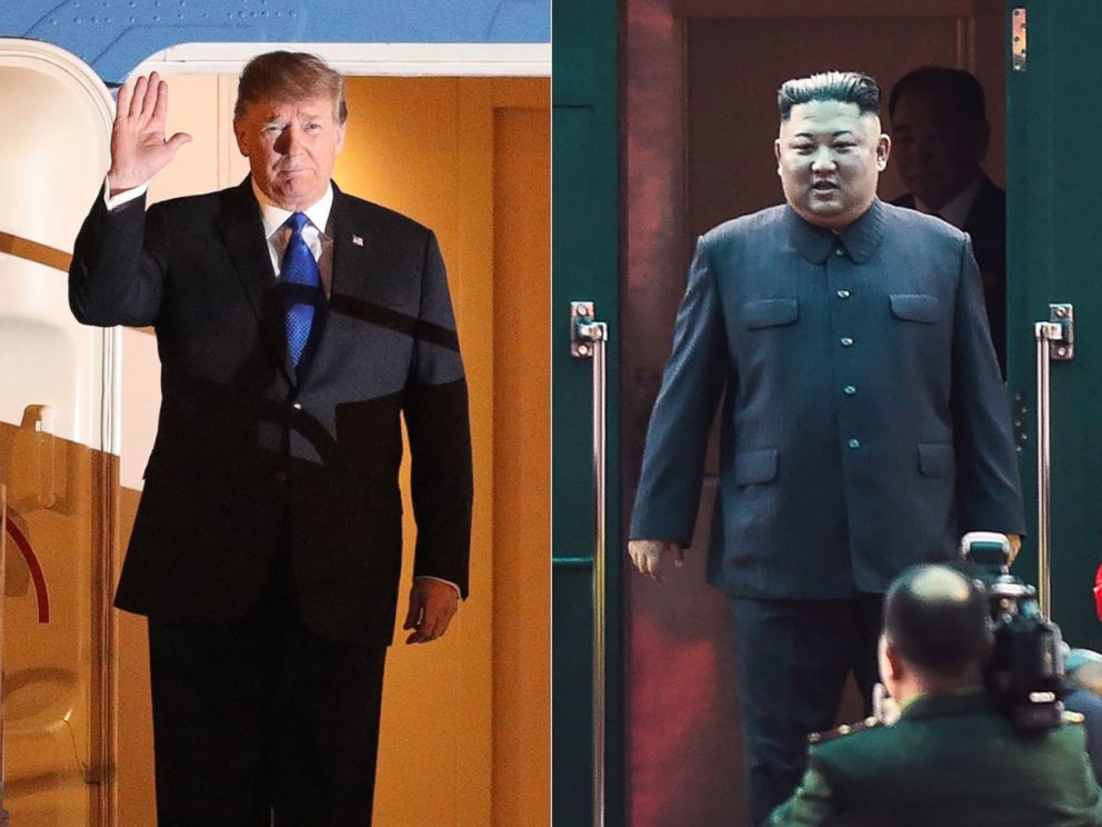 PHOTO: President Donald Trump arrives for the US-DPRK summit in Hanoi, Vietnam, Feb. 26, 2019. North Korean leader Kim Jong Un arrives at the Dong Dang railway station in Vietnam, Feb. 26, 2019, to attend the second US-North Korea summit.