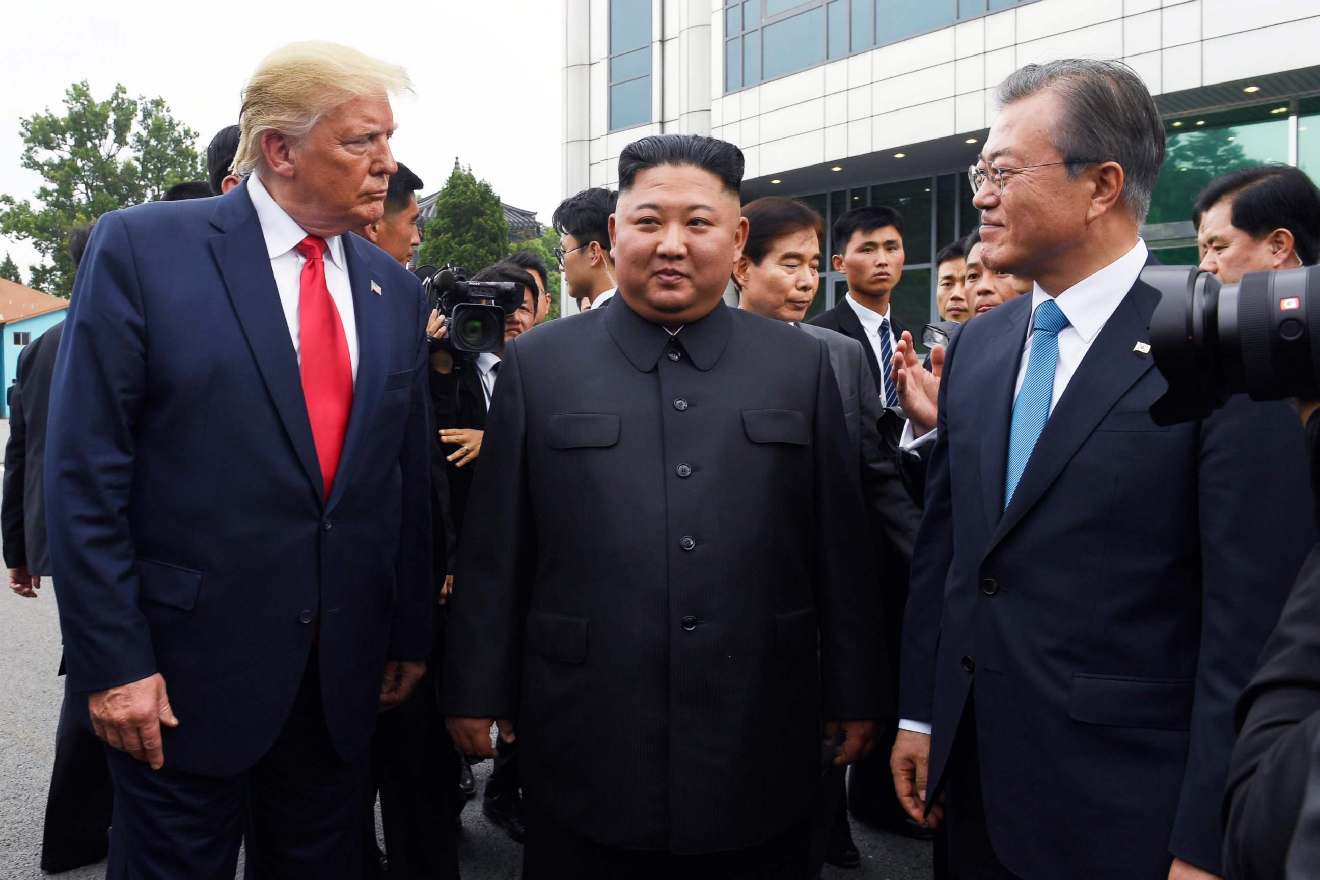PHOTO: President Donald Trump meets with North Korean leader Kim Jong Un and South Korean President Moon Jae-in, right, at the border village of Panmunjom in the Demilitarized Zone, South Korea, Sunday, June 30, 2019.