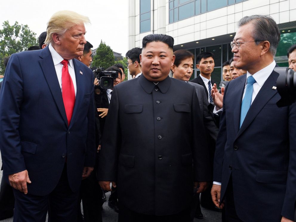 PHOTO: President Donald Trump meets with North Korean leader Kim Jong Un and South Korean President Moon Jae-in, right, at the border village of Panmunjom in the Demilitarized Zone, South Korea, Sunday, June 30, 2019.