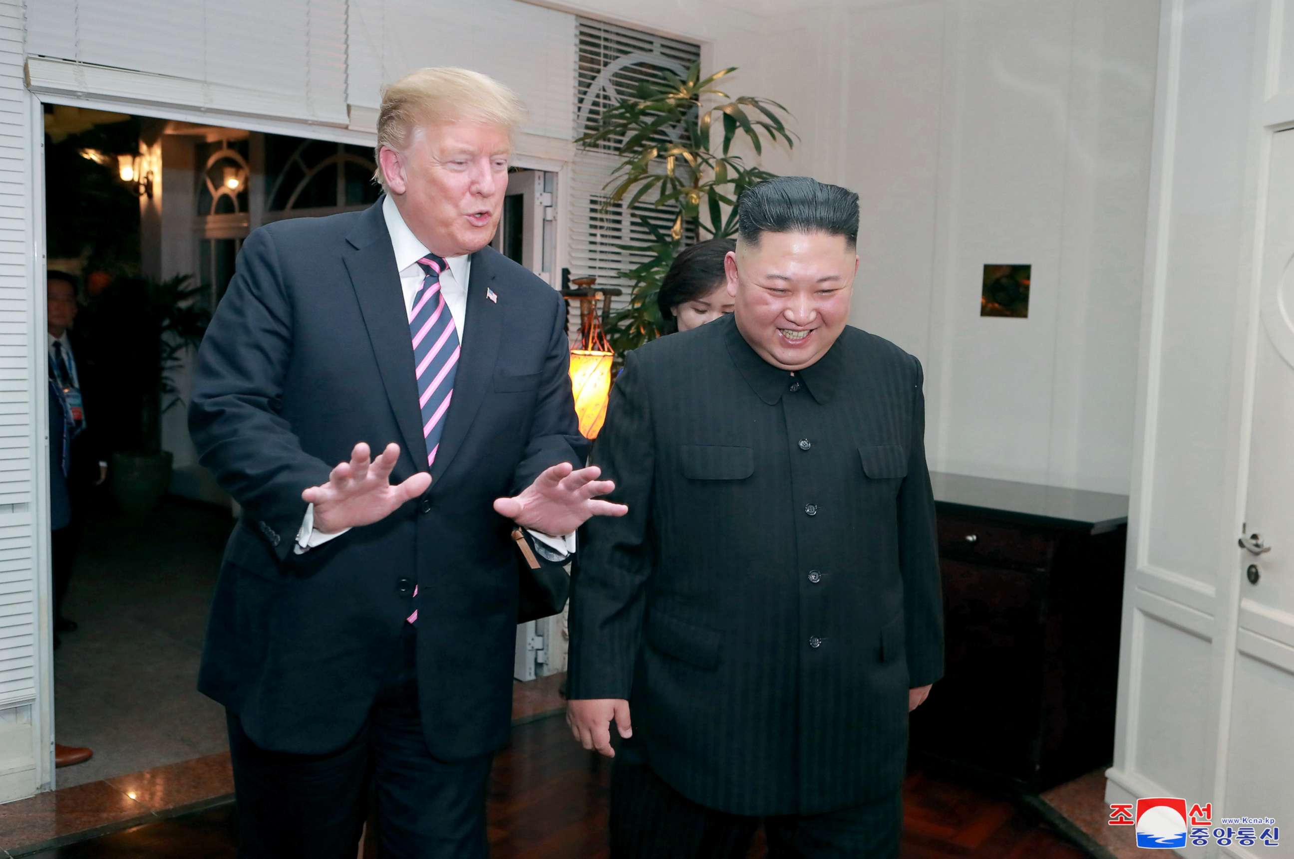 PHOTO: North Korea's leader Kim Jong Un and President Donald Trump speak during the second U.S.-North Korea summit in Hanoi, Vietnam, Feb. 28, 2019.