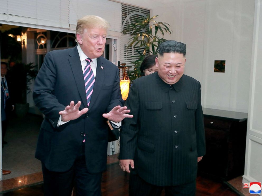PHOTO: North Koreas leader Kim Jong Un and President Donald Trump speak during the second U.S.-North Korea summit in Hanoi, Vietnam, Feb. 28, 2019.