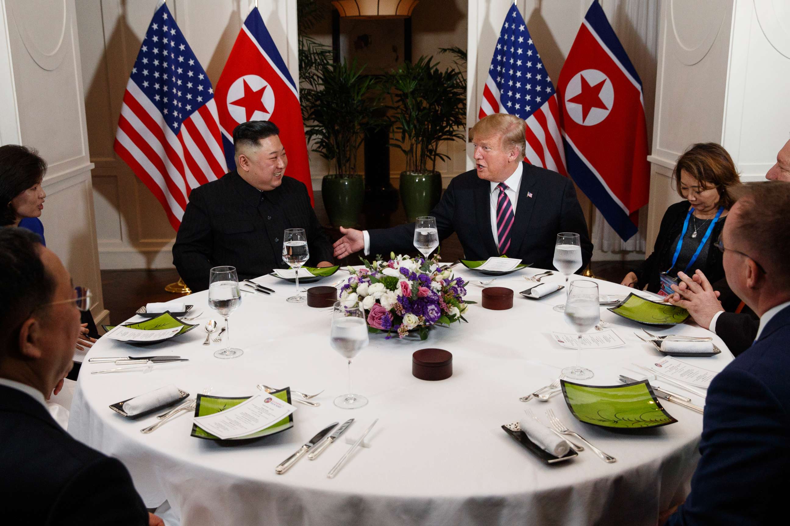 PHOTO: President Donald Trump speaks during a dinner with North Korean leader Kim Jong Un, Feb. 27, 2019, in Hanoi.