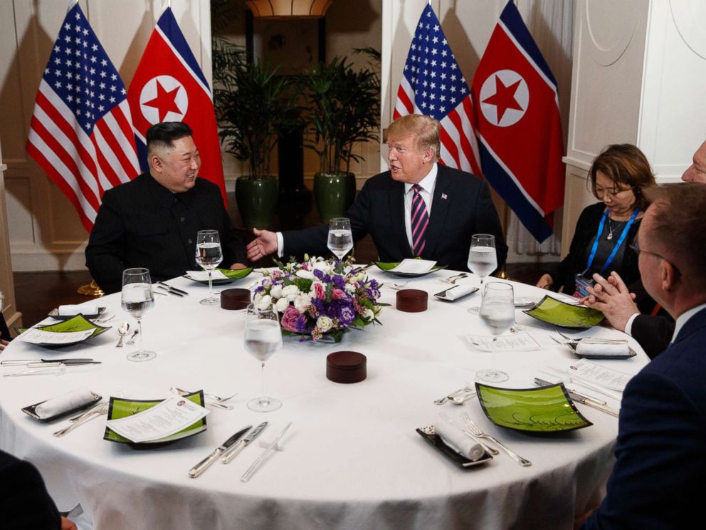 PHOTO: President Donald Trump speaks during a dinner with North Korean leader Kim Jong Un, Feb. 27, 2019, in Hanoi.