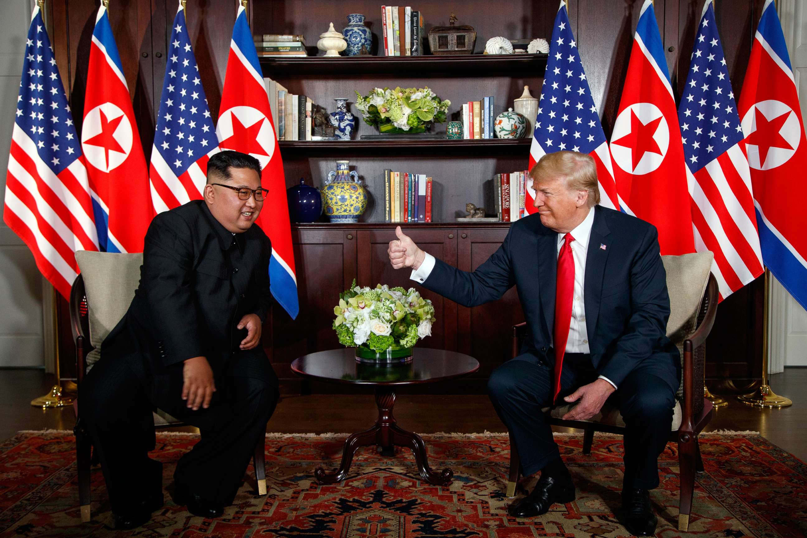 PHOTO: President Donald Trump meets with North Korean leader Kim Jong Un on Sentosa Island, June 12, 2018, in Singapore.