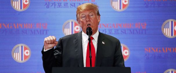 PHOTO: President Donald Trump speaks during a news conference after his meeting with North Korean leader Kim Jong Un at the Capella Hotel on Sentosa island in Singapore, June 12, 2018.