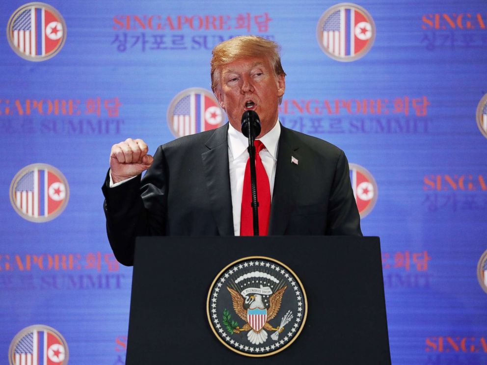 PHOTO: President Donald Trump speaks during a news conference after his meeting with North Korean leader Kim Jong Un at the Capella Hotel on Sentosa island in Singapore, June 12, 2018.