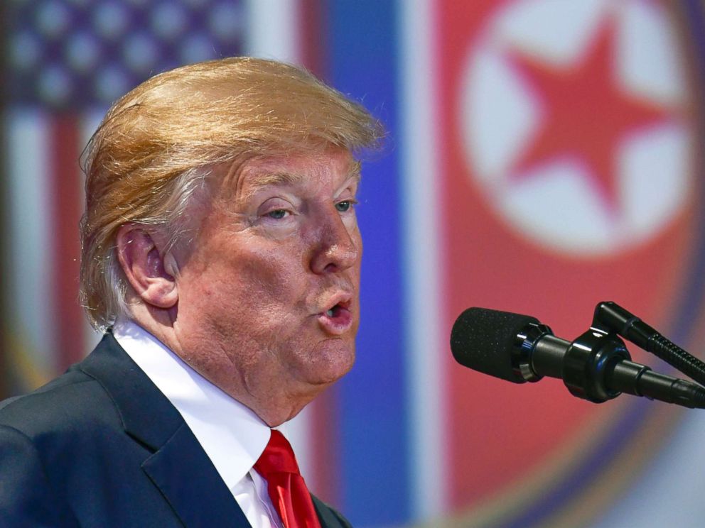 PHOTO: President Donald Trump answers questions about the summit with North Korean leader Kim Jong Un during a press conference at the Capella resort on Sentosa Island, June 12, 2018 in Singapore.